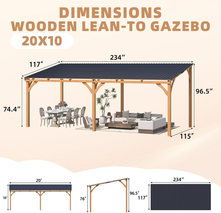 20' X 10' Outdoor Wood Gazebo for Patio, Large Outdoor Lean to Hardtop 10X20 Cedar Pergolas and Gazebos Clearance, Wall Mounted Wooden Gazebo Heavy Duty Awnings for Patio, Decks, Backyard