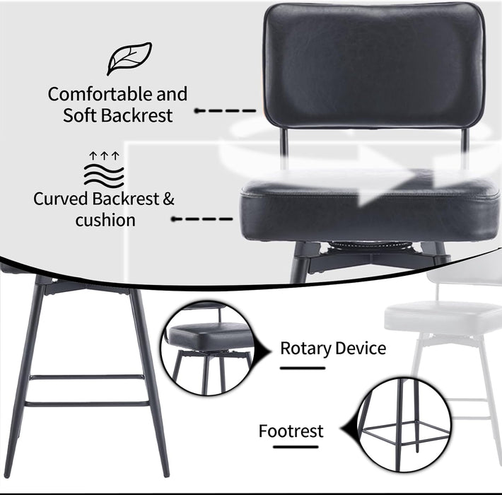 26" Swivel Bar Stools Set of 2, Upholstered PU Leather Barstools with Wood Backs and Metal Legs, Counter Height Barstool for Kitchen Island & Outdoor Bar Stools, Black