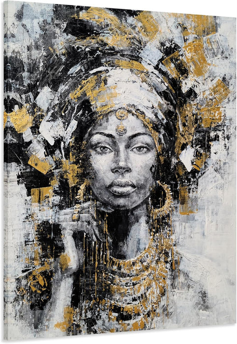 Black Woman Painting with Gold Foil - Hand Painted African American Canvas Wall Art for Living Room, Bedroom, and Hallway Decor