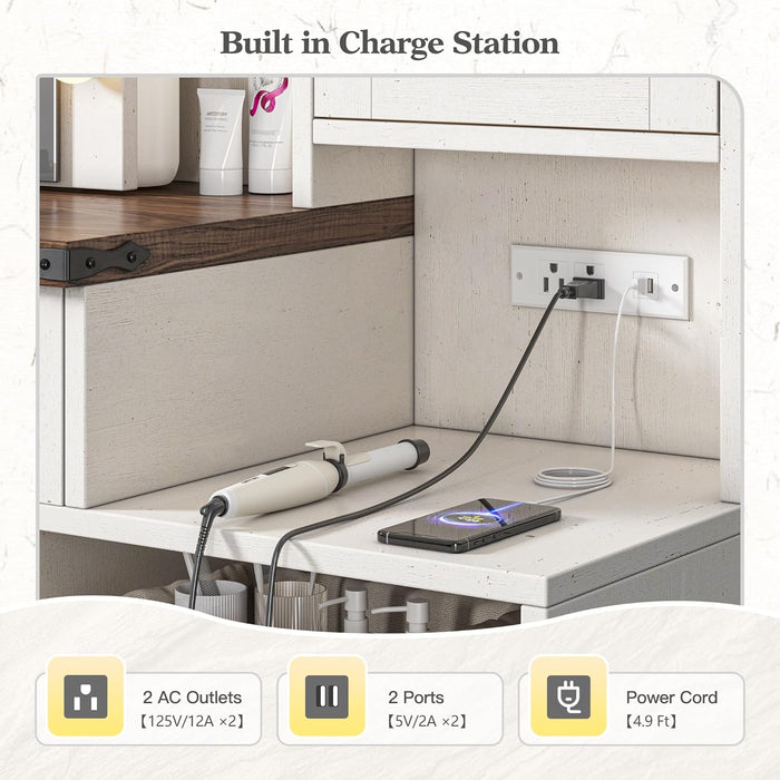 Farmhouse Makeup Vanity Desk with Sliding HD Mirror and Lights, White Vanity Table with 4 Drawers & RGB Cabinets, Jewelry Organizer, Farmhouse Style for Bedroom, Antique White