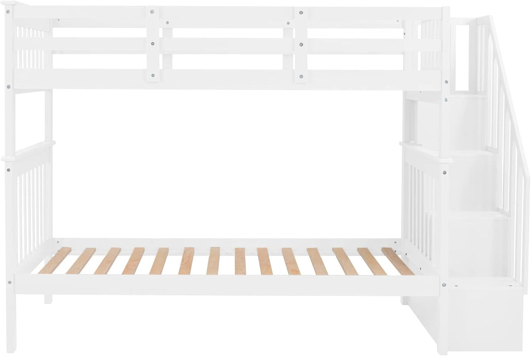 Twin over Twin Bunk Bed with Stairs, Solid Wood Bunk Bed Frame with Storage for Kids Teens Adults Bedroom Dorm - White