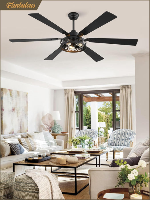 65 Inch Ceiling Fan with Lights, Farmhouse Caged Ceiling Fans with Remote, Black Industrial Ceiling Fans with Quiet Reversible DC Motor, Large Ceiling Fan for Living Room, Bedroom