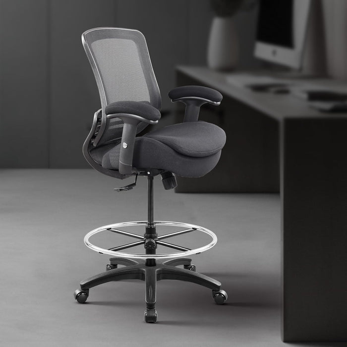 400Lbs Mid Back Mesh Ergonomic Drafting Chair Big Adjustable Foot Ring Height Adjustable Armrest (Black) ﻿