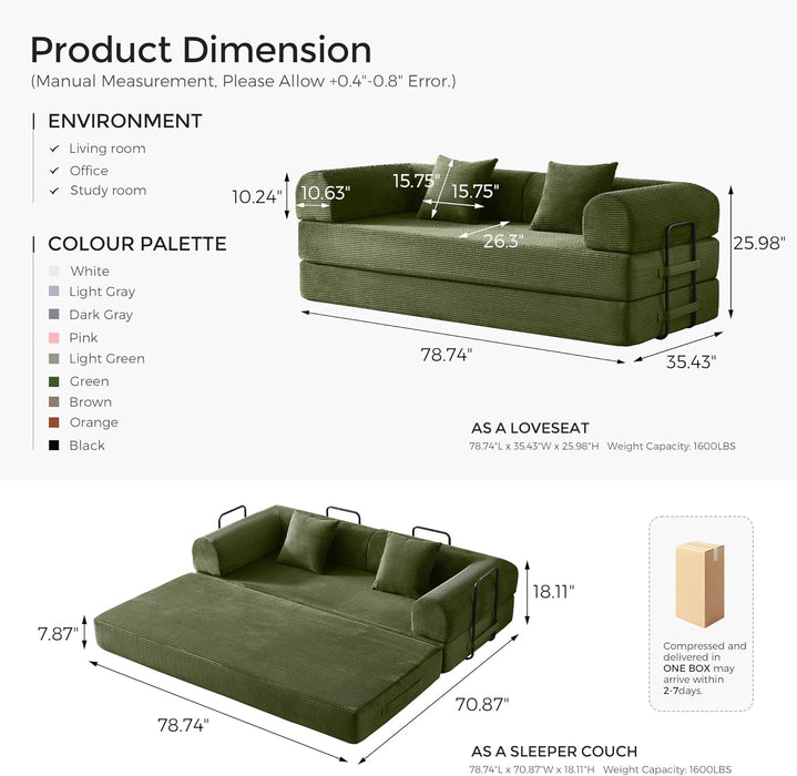Green Convertible Sofa Bed With Removable Armrests