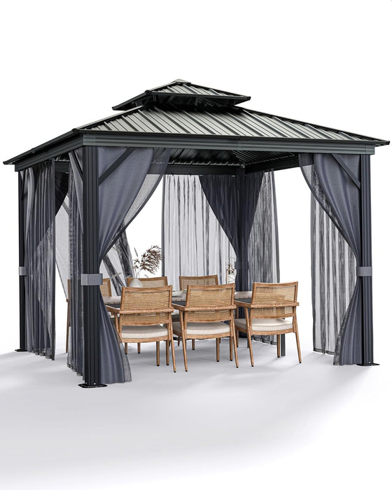 10X10 Hardtop Gazebo, Outdoor Patio Gazebo with Galvanized Steel Double Roof, Aluminum Frame Pavilion with Curtains and Netting, UPF 50 Metal Shelter for Backyard Deck Garden Lawn, Gray