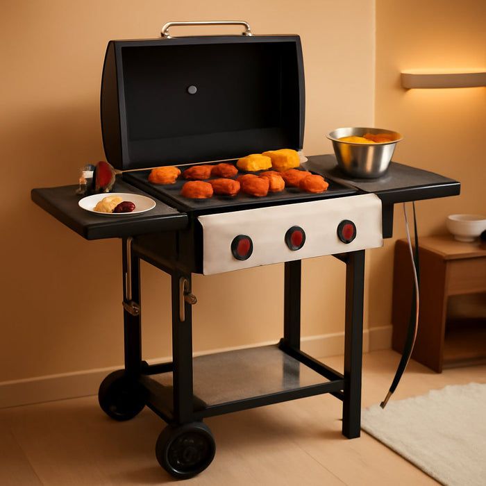 Propane Gas Grill with Folding Side Tables, 3-Burner Gas Grill with Cast Iron Grates and Stainless Steel Griddle Pan, Outdoor BBQ Grill Portable with Wheels 30000 BTU Output