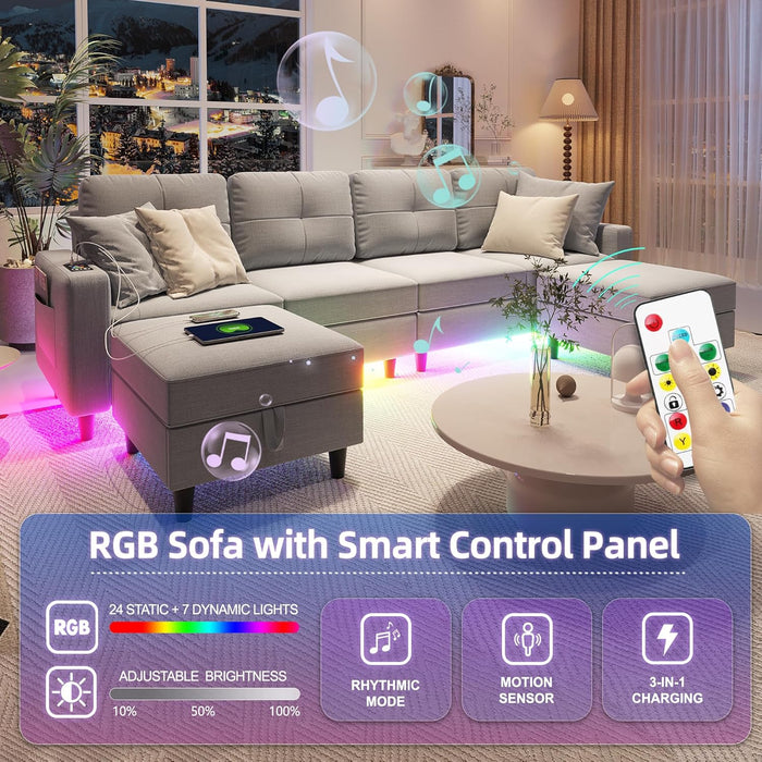 Modern LED Sectional Sofa U-Shaped Couch with Storage