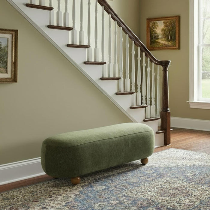 54-Inch Green Upholstered Bench for Bedroom, 4.5Ft End of Bed Accent Ottoman Bench with round Solid Wood Legs, Long Oval Footstool for Entryway & Hallway, Velvet Padded Seat