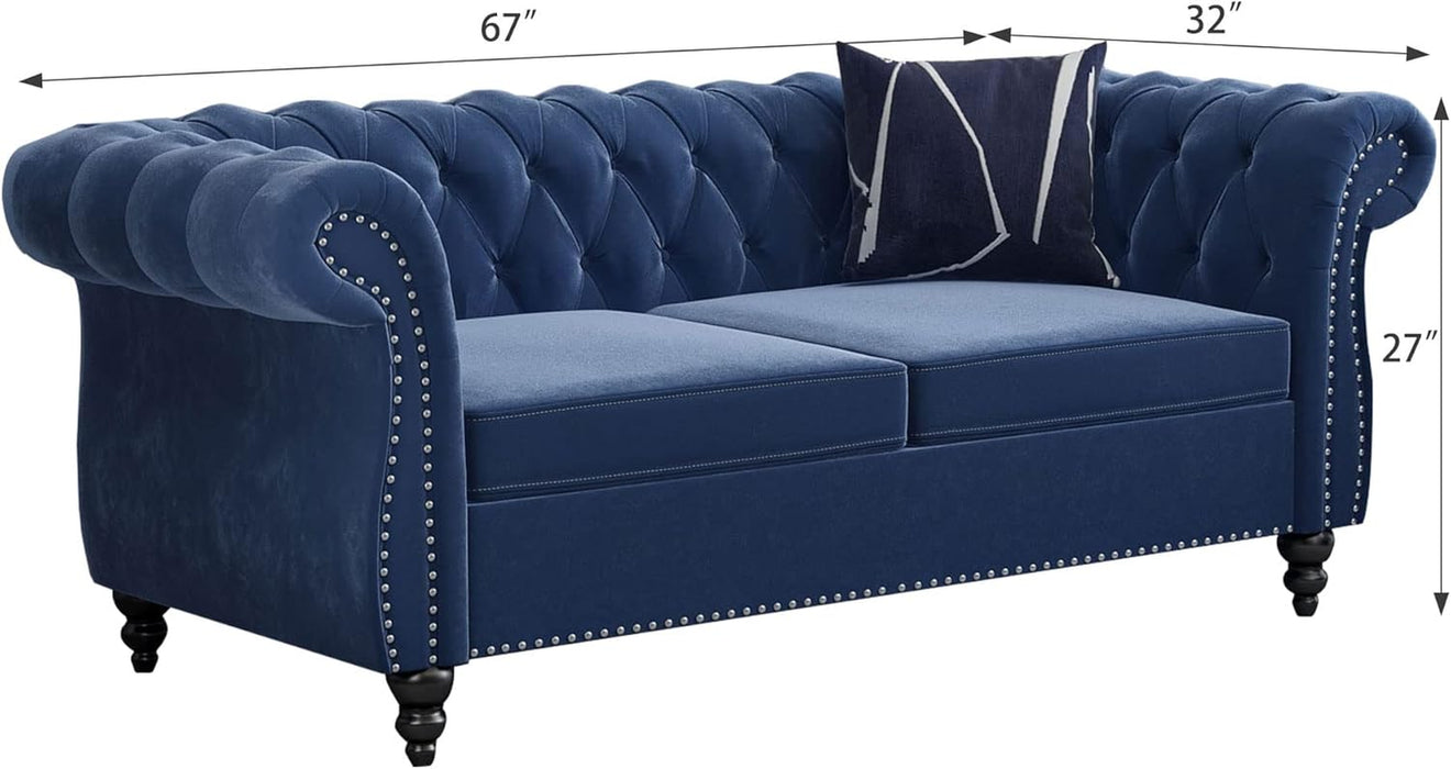2 Piece Living Room Set, Velvet Chesterfield Sofa Loveseat Couch Chair with Scroll Arms and Nailhead for Living Room, Office (Blue)