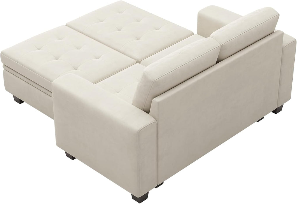Velvet Modular Sectional Sofa Couch with Storage Convertible Sectional Sleeper Sofa Couch Bed Set with Reversible Chaise Beige