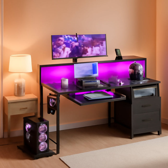 48-Inch Gaming Desk with Power Outlets & LED Light, Reversible PC Desk with Fabric Drawer and File Cabinet, Computer Desk with Keyboard Tray, Table with Full Monitor Riser and PC Stand, Black