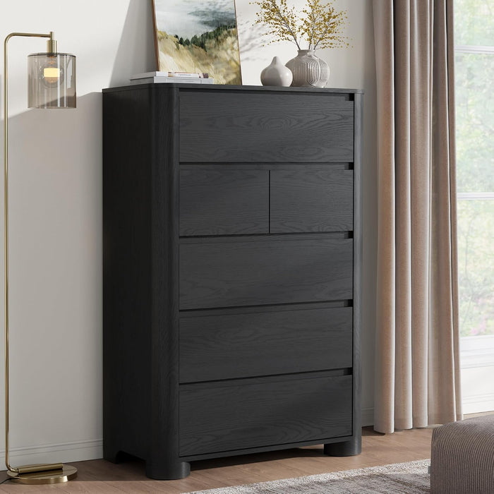 Black Dresser for Bedroom with 6 Drawers, 48" Tall Modern Chest of Drawers with Unique Thickened Foot, Rounded Corner Design, Wooden Dresser Organizer for Bedroom, Living Room, Hallway