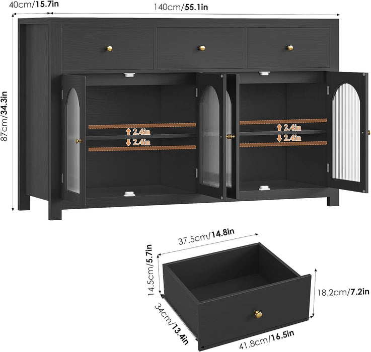 Buffet Cabinet with Storage, Kitchen Storage Cabinet for Home | 55.1" Large Sideboard Buffet, Farmhouse Kitchen Cabinet, Wood Coffee Bar Table for Kitchen, Black