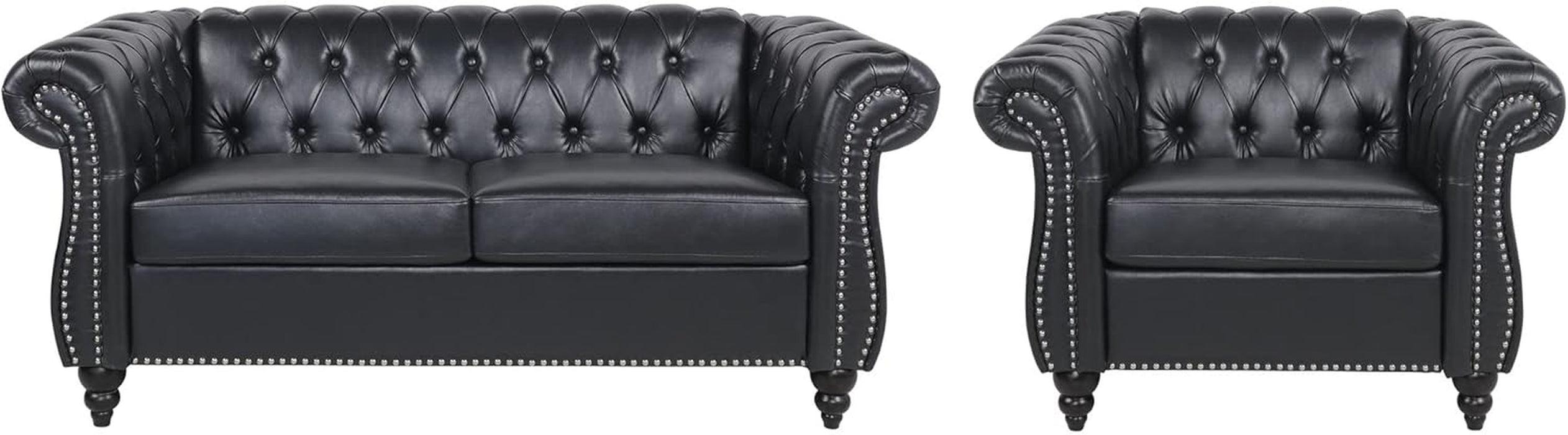 2 Pieces of Living Room Furniture Sofa Sets,Modern Contemporary Tufted Button Faux Leather Accent Club Chair&Chesterfield Loveseat Sofas Set with Nailhead Trim Scroll Arms for Home,Black