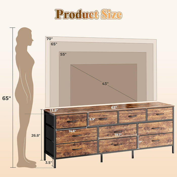63-Inch Dresser With Durable Fabric Drawers RusticBrown