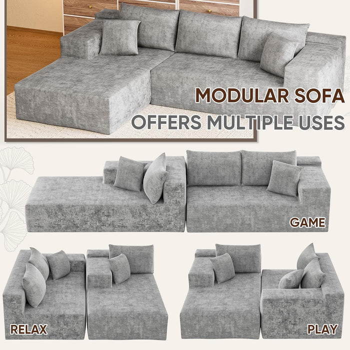108 Inch Grey Chenille Cloud Sectional Sofa With Deep Seat