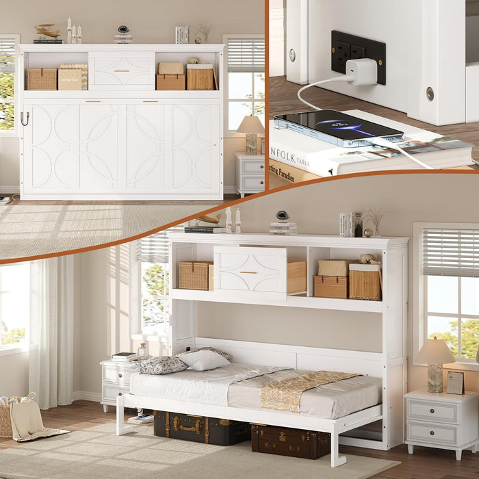 Twin Murphy Bed With MultiCompartmental Storage White
