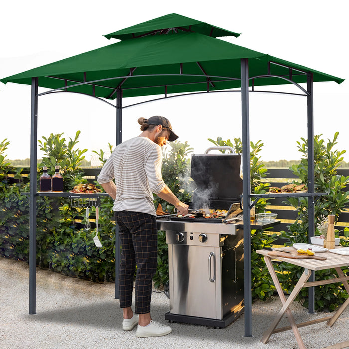 8'X 5' Grill Gazebo Shelter, Double Tier Outdoor BBQ Gazebo Canopy with LED Light(Forest Green)