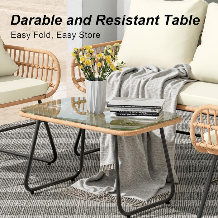 4-Piece Outdoor Patio Furniture Set with Cushions & Tempered Glass Table, All-Weather Rattan Bistro Set with Loveseat Chairs Table Soft Cushions for Garden, Porch, Backyard -Beige