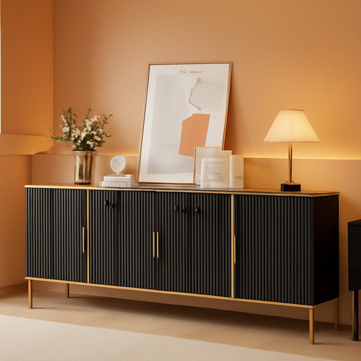 60" Fluted Buffet Cabinet with Storage, Modern Buffets & Sideboard with 2 Drawers, 4 Doors and Adjustable Shelves, Accent Cabinet for Kitchen, Living Room, Hallway, Black