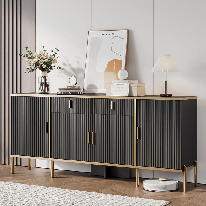 60" Fluted Buffet Cabinet with Storage, Modern Buffets & Sideboard with 2 Drawers, 4 Doors and Adjustable Shelves, Accent Cabinet for Kitchen, Living Room, Hallway, Black