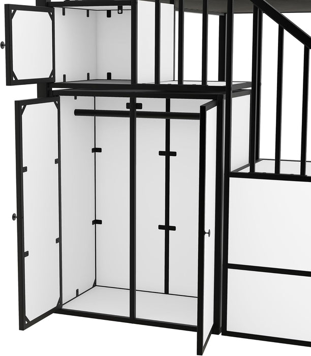 Twin over Twin Metal Bunk Bed with Stairs and Storage Wardrobe, Castle-Shaped Bunk Bed Heavy-Duty Steel Frame, Noise Free,For Kids Teens Adults, Black+White