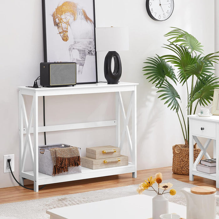 Yaheetech Console Table with Power Outlets, 40 Inches Entryway Table with Charging Station, Wood Sofa Table with Storage Shelves, Side Table, for Hallway, Bedroom, Living Room, Foyer, White