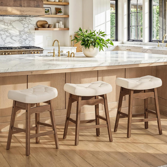 Bar Stools Set of 3, 24" Backless Saddle, Ivory Faux Leather