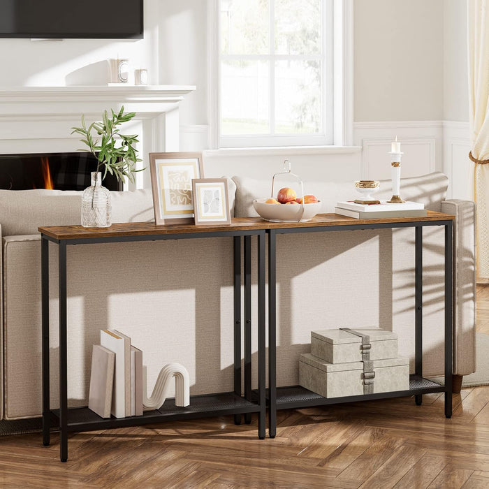 29.5" Narrow Console Table, Set of 2, Small Entryway Table with Shelf, 2 Tier Thin Sofa Table, behind Couch Table, Side Table, for Hallway, Living Room, Rustic Brown and Black BF74XGP201