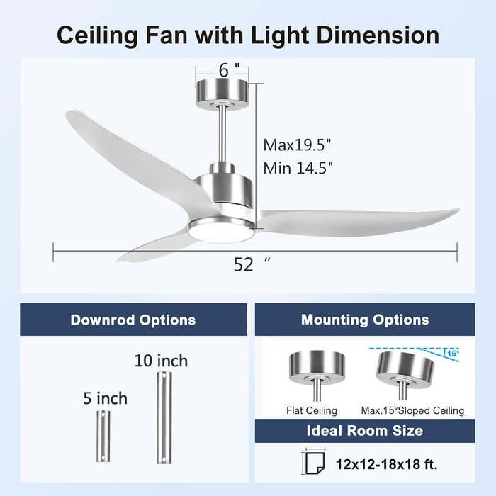 52 Inch Silver Ceiling Fan with Lights and Remote High CFM 3 Blades