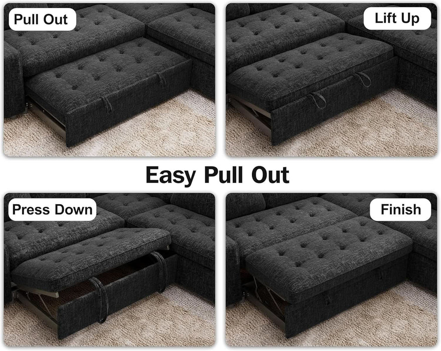8 Seat U Shaped Modular Sectional Sleeper Sofa with Pull Out Bed/Reclining Backrest/Usb Ports/Table/Led Light/Storage Seat, Sectional Sleeper Couch, Tool-Free Assembly, Chenille Black