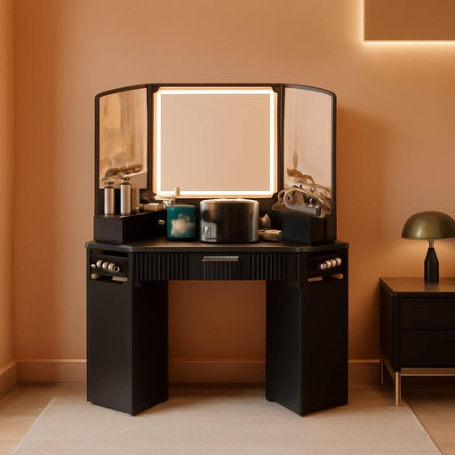 Black Corner Vanity, Corner Vanity Desk with Mirror and Lights, Fluted Makeup Table with Charging Station, Drawers, Storage Cabinets