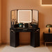 Black Corner Vanity, Corner Vanity Desk with Mirror and Lights, Fluted Makeup Table with Charging Station, Drawers, Storage Cabinets