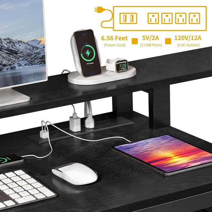 L Shaped Desk with Drawers, 65" Computer Desk with Power Outlets & LED Lights, Corner Home Office Desk with Storage Shelves & Printer Stand, Black