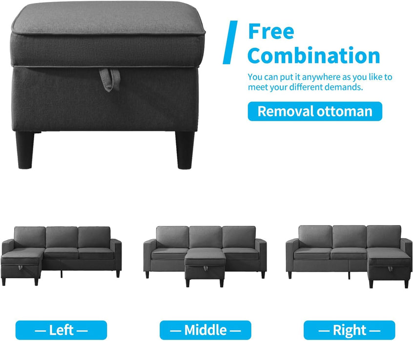 3PCS Convertible Sofa Set, Linen Upholstered Couch Set with Side Pockets, Modern Living Room Sofa with Storage Ottoman, Couch for Living Room Apartment (Dark Grey, Sectional Sofa + Single)