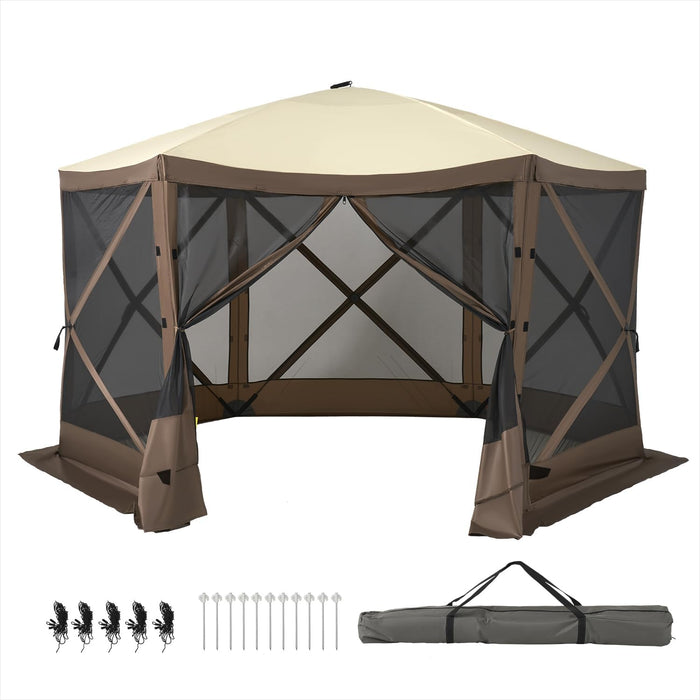 12X12Ft Pop up Canopy Tent, 6-Sided Pop-Up Gazebo Screen Tent with Mesh Windows, Outdoor Canopy Shelter Tent with Carrying Bag, Large Shade Tents for Camping, Backyard, Patio, Lawn, Brown