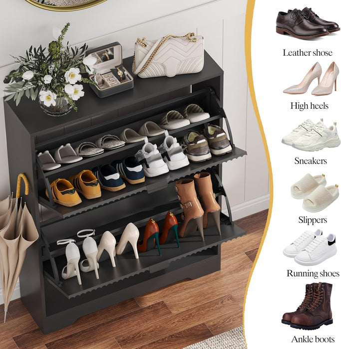 Black Fluted Shoe Cabinet With OpenStorageCompartment