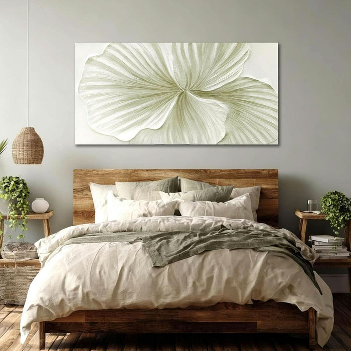 Abstract Leaf Wall Art Modern Ginkgo Canvas Hand-Drawn Painting 24X48 Green and White Large Artwork Minimalist Decoration for Living Room Bedroom Office Home