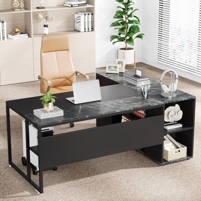 Large Executive Desk with File Cabinet, 71 Inch L Shaped Computer Desk Office Desk with Drawers and Storage Shelves, Business Furniture Desk Workstation for Home Office, Black