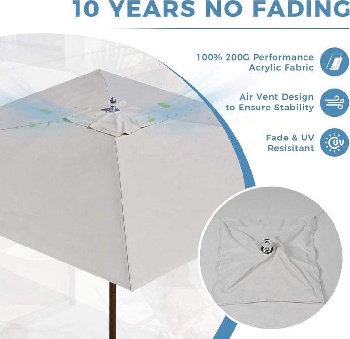 10X10 FT Rectangular Patio Umbrella with 3-Year-No-Fade Olifen Fabric, Outdoor Umbrella with 8 Faux-Wood Grain Aluminum Ribs, Market Umbrella with Pulley Lift for Poolside, Deck, Backyard, Light Gray