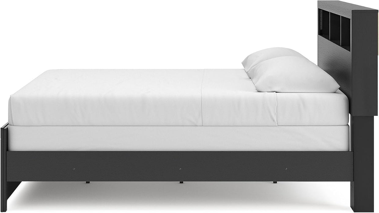 Signature Design by Ashley Jonnifer King Bed Frame with Bookcase Headboard, Storage Cubbies, Engineered Wood and Decorative Laminate, Bedroom Use, Warm Gray and Matte Black