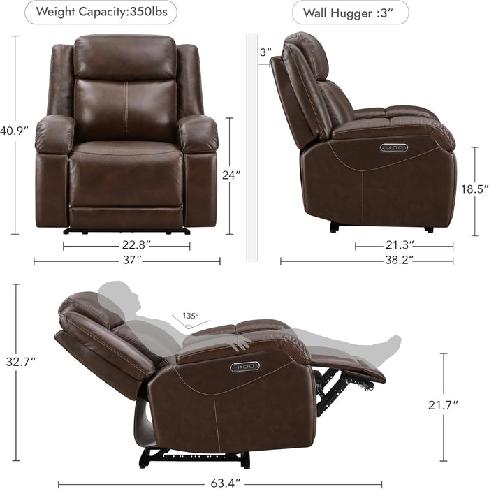 Genuine Leather Power Recliner Chairs for Adults, Wall Hugger RV Recliner with Power Headrest & Charging Ports, Electric Recliner Sofa Chair for Living Room, Dark Brown