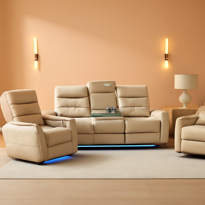 Power Recliner Sofa Set, 3 Piece Breathing Leather Sofa Set, Reclining Couch Loveseat and Chair Furniture with LED/USB Port/Cup Holders for Living Room Home Theater (Khaki)