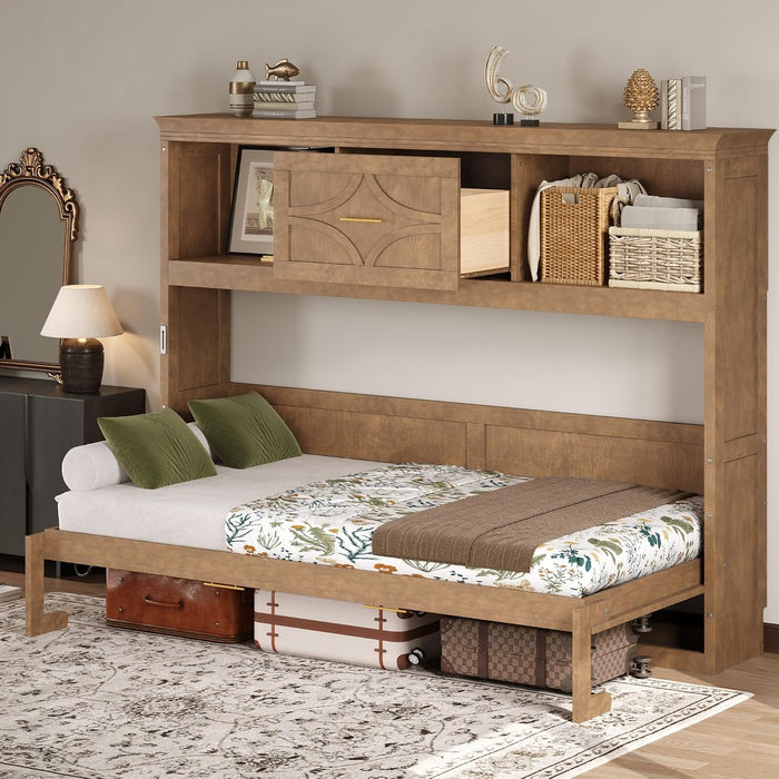 Natural Wood Twin Murphy Bed With StorageBookcaseDrawer