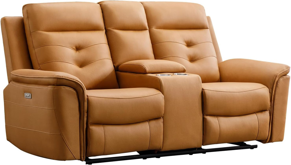 Power Loveseat Recliner Sofa for Adults, Breathable Faux Leather Double Reclining Loveseat Sofa with Console, Cup Holders and Hidden Storage, Electric Daul Recliner for Living Room, Brown