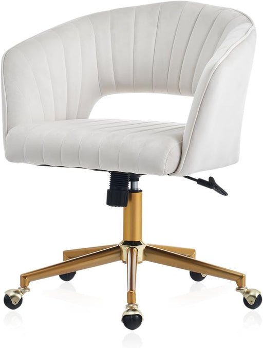 Home Office Chair Swivel Velvet Desk Chair, Vanity Chair with 360 Swivel Armchair and Gold Base,For Living Room, Bedroom, Vanity, Study (Beige)