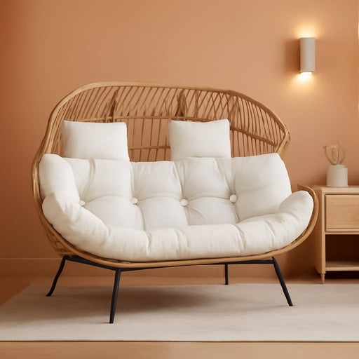 Wicker Double Egg Chair PE Rattan with Thicken Padded Cushion, 2 Person Oversized Patio Lounge Loveseat Chair for Outdoor, Indoor, Balcony, Backyard, Garden, Beige