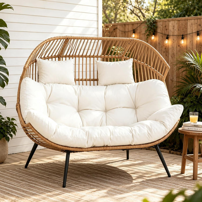 Wicker Double Egg Chair PE Rattan with Thicken Padded Cushion, 2 Person Oversized Patio Lounge Loveseat Chair for Outdoor, Indoor, Balcony, Backyard, Garden, Beige