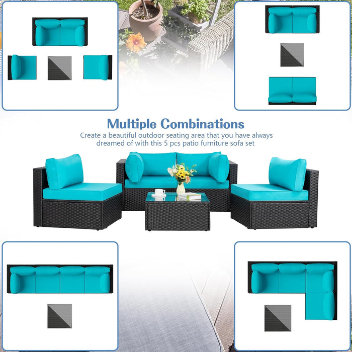 5 Pieces Outdoor Patio Sectional Sofa Couch, Black PE Wicker Furniture Sets, Patio Conversation Sets with Washable Cushions Glass Coffee Table for Garden, Poolside, Backyard,Blue