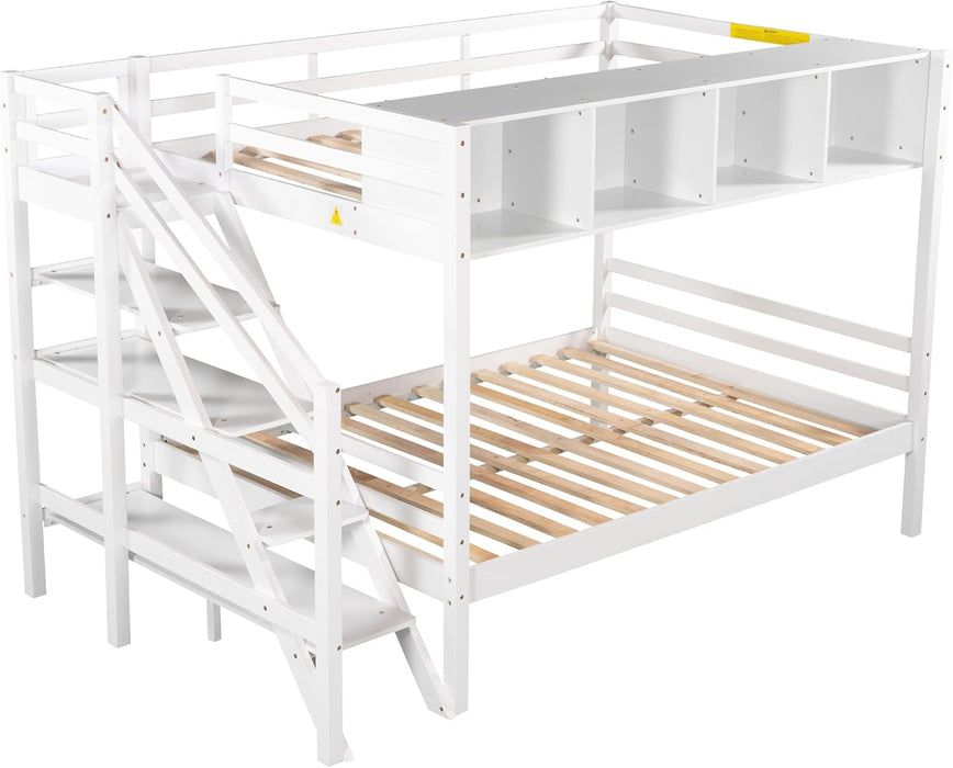 Twin Size Bed Frame for Bedroom Twin over Full Bunk Bed with Staircase and Built-In Storage Cabinets No Box Spring Needed White 96" L X 57.2" W X 62.2" H